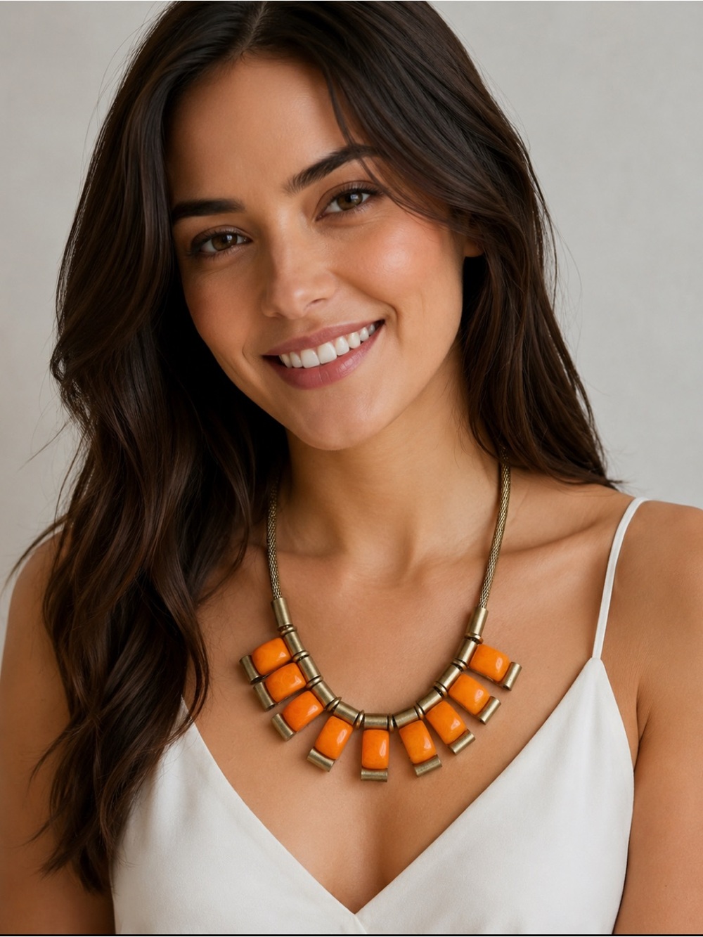Urban Outfitters Orange Statement Bib Necklace Art Deco Gold Boho